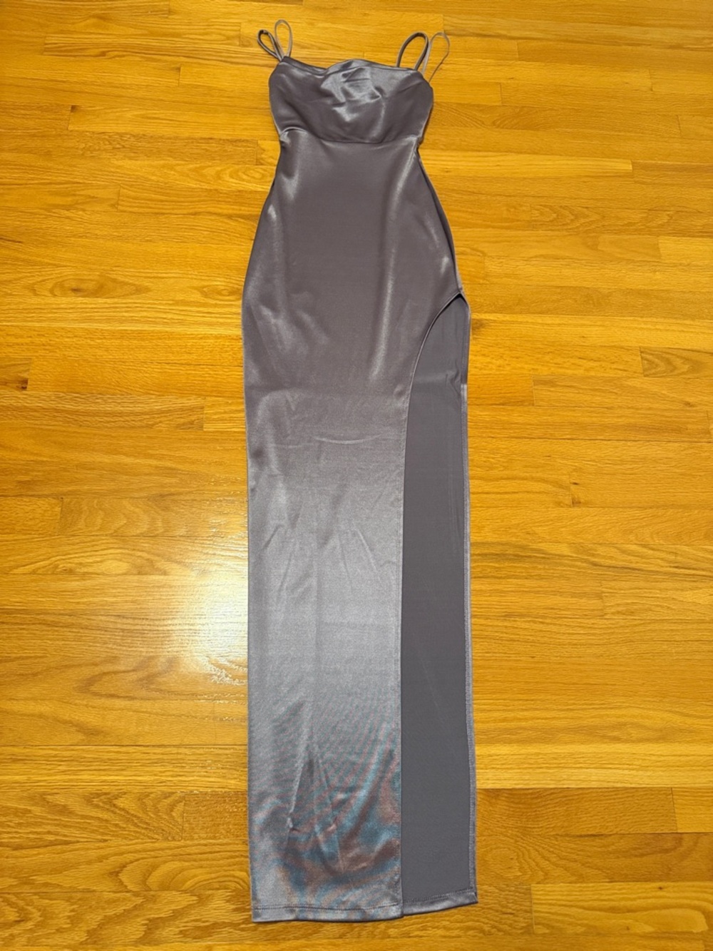 Windsor Silver-Gray Satin Spaghetti-Strap Maxi Dress with Side Slit
